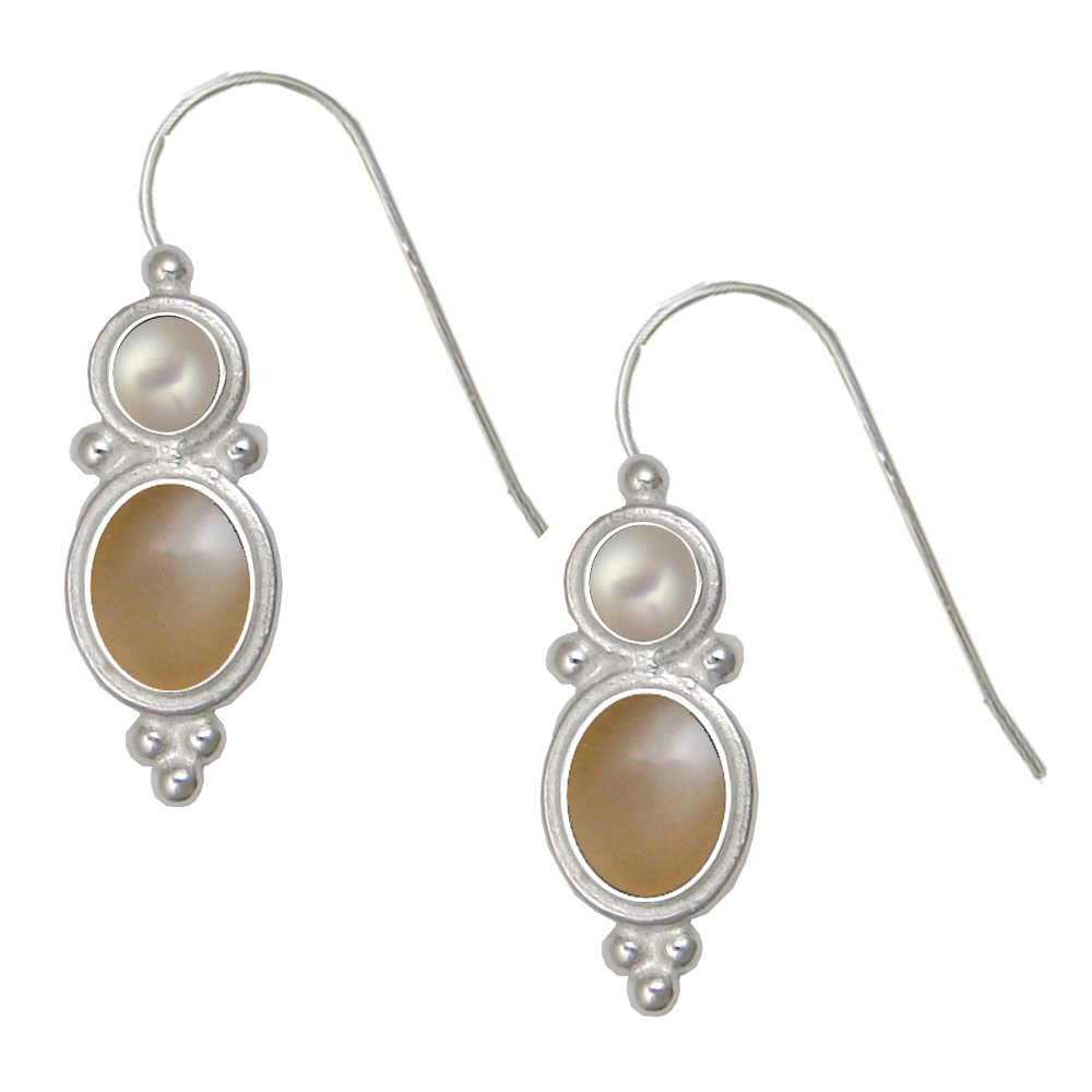 Sterling Silver Drop Dangle Earrings Peach Moonstone And Cultured Freshwater Pearl